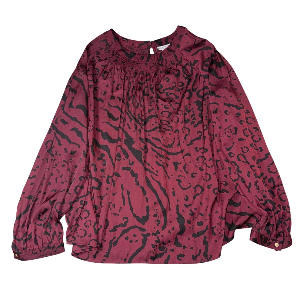 Ava & Viv‎ Womens 2X Burgundy Black Animal Print Smocked Neck Blouse Long Sleeve
